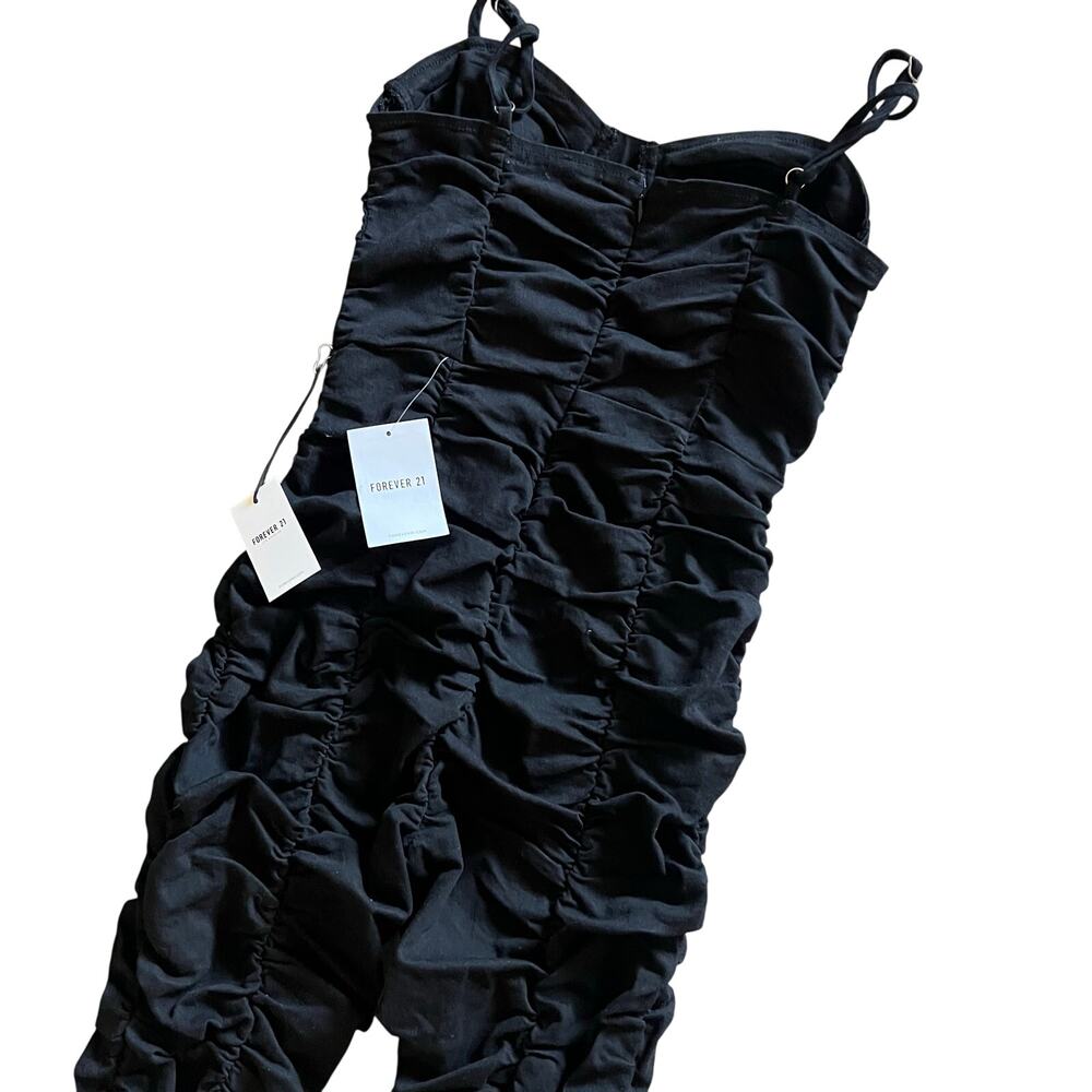 Forever 21 Ruched Jumpsuit Small Black Bustier Sweetheart Ankle Woven Cotton New - Picture 5 of 10